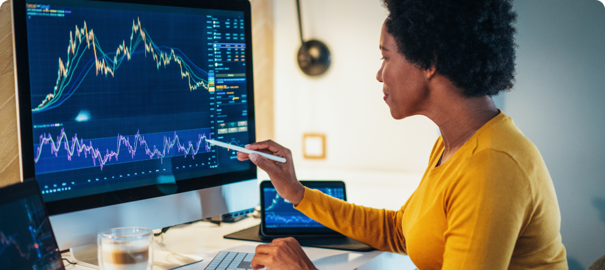 side view women checking the blockchain statistic