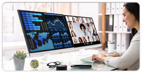 a side view women smiling during online meeting